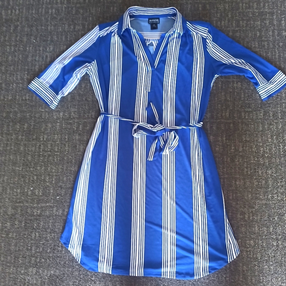 Blue and white striped collared shirt dress with waist belt size 8